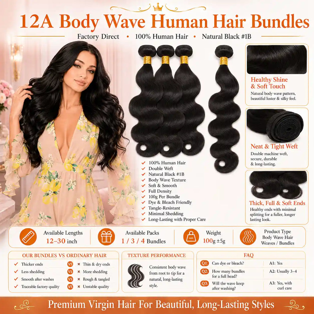 12A Natural Black Body Wave Human Hair Bundles Double Weft 100g
