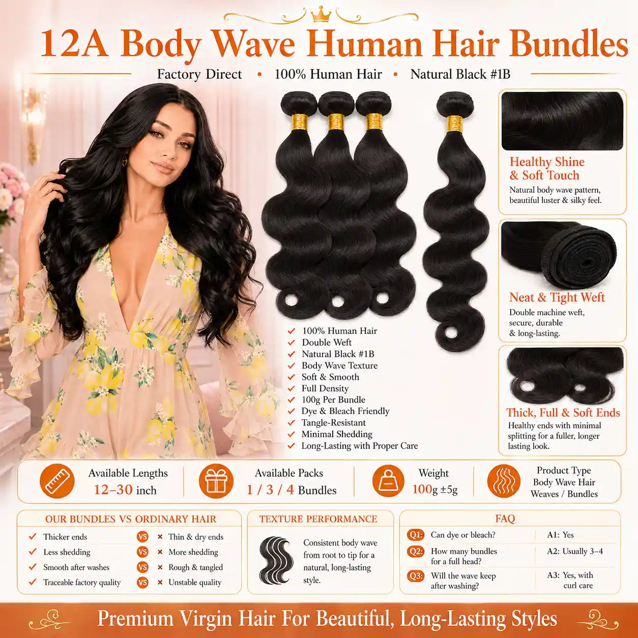 12A Natural Black Body Wave Human Hair Bundles Double Weft 100g