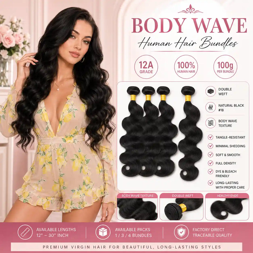 12A Natural Black Body Wave Human Hair Bundles Double Weft 100g