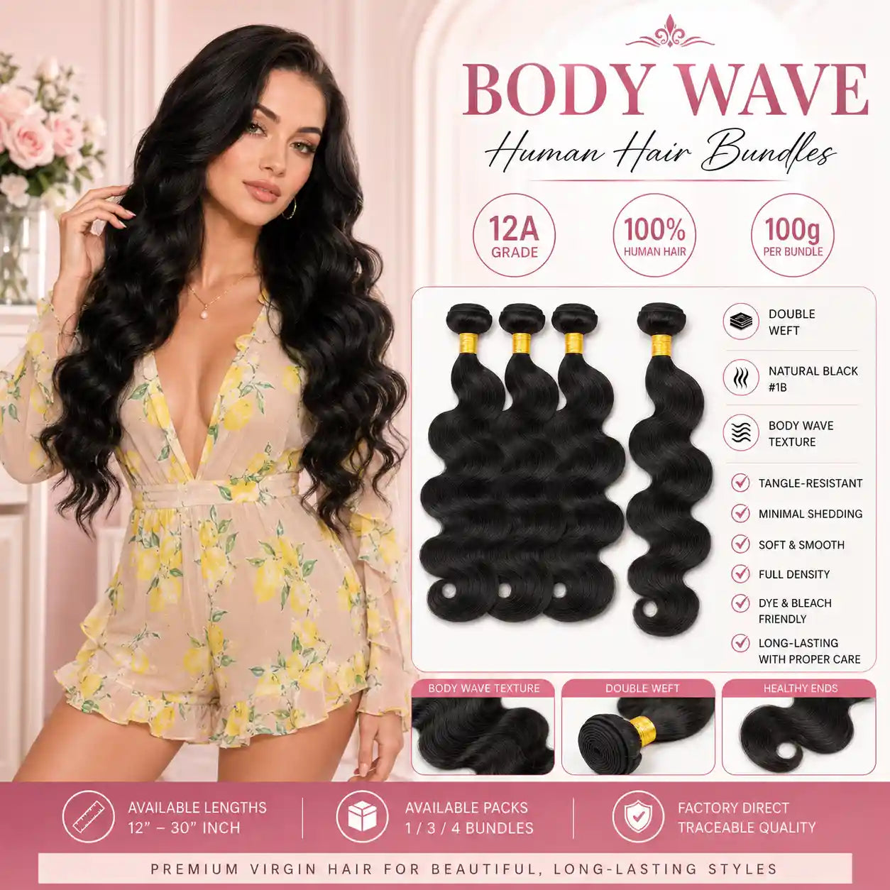 12A Natural Black Body Wave Human Hair Bundles Double Weft 100g