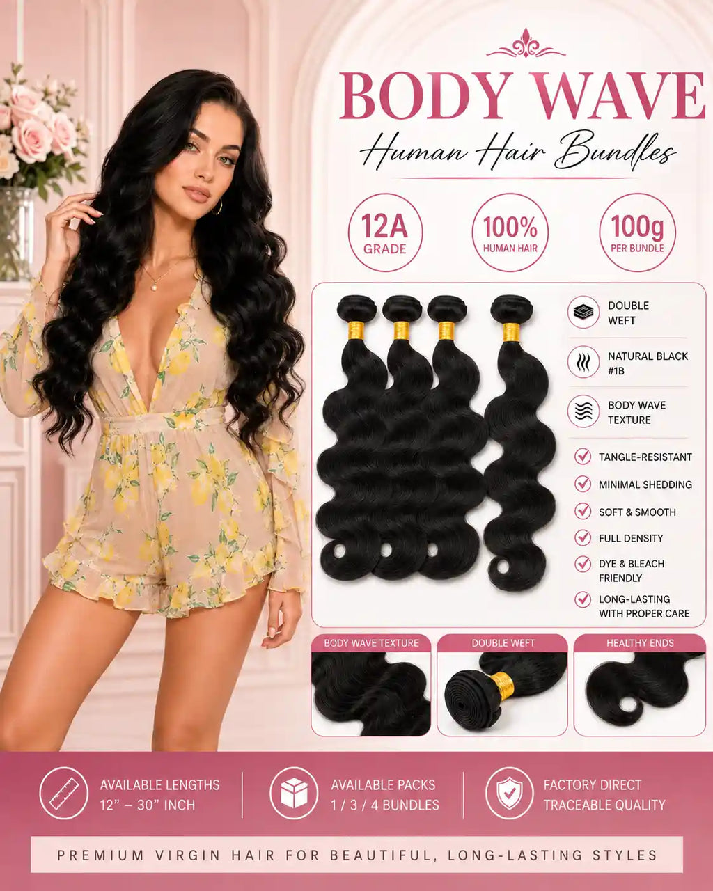 12A Natural Black Body Wave Human Hair Bundles Double Weft 100g