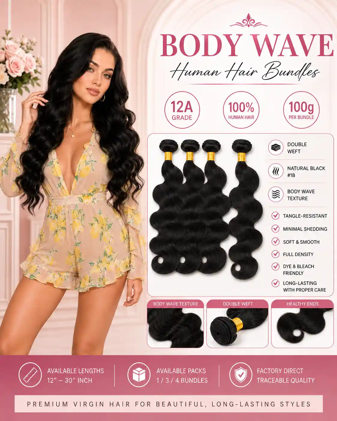 12A Natural Black Body Wave Human Hair Bundles Double Weft 100g