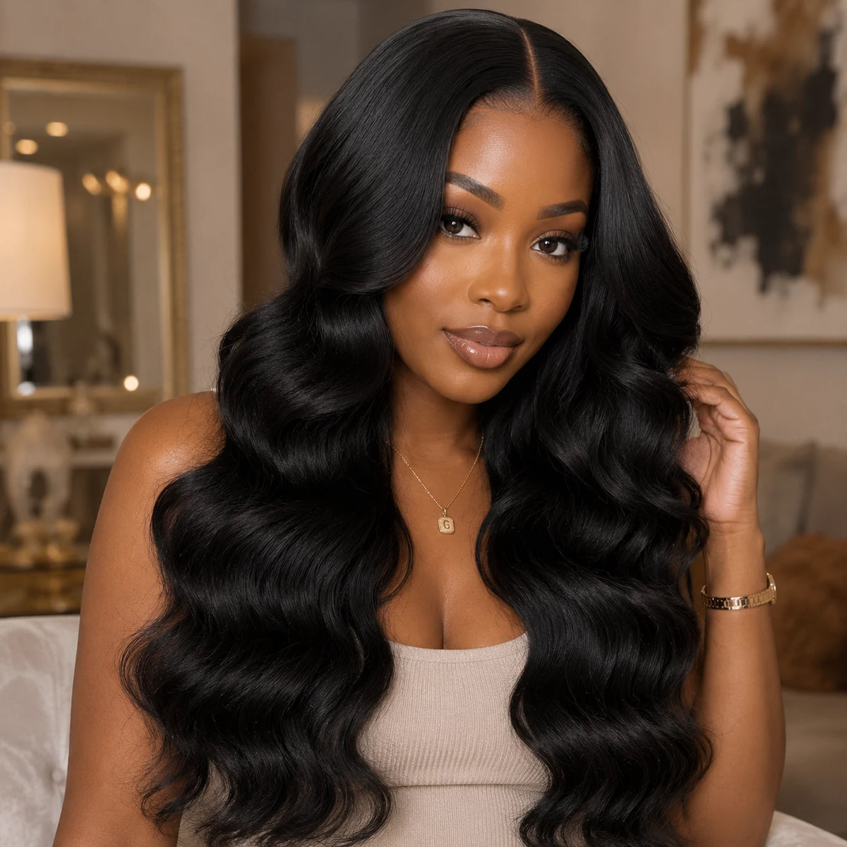 Beautiful woman wearing styled voluminous body wave human hair extensions