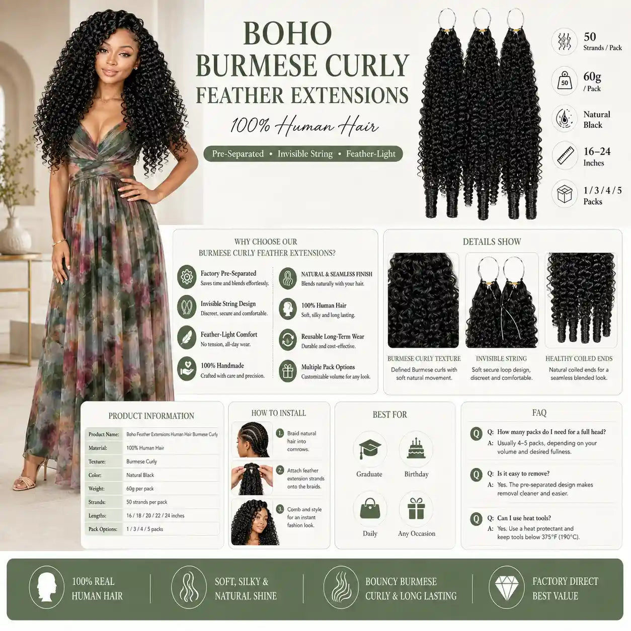 Boho Feather Extensions Human Hair Crochet Hair Burmese Curly Pre-Separated Strands
