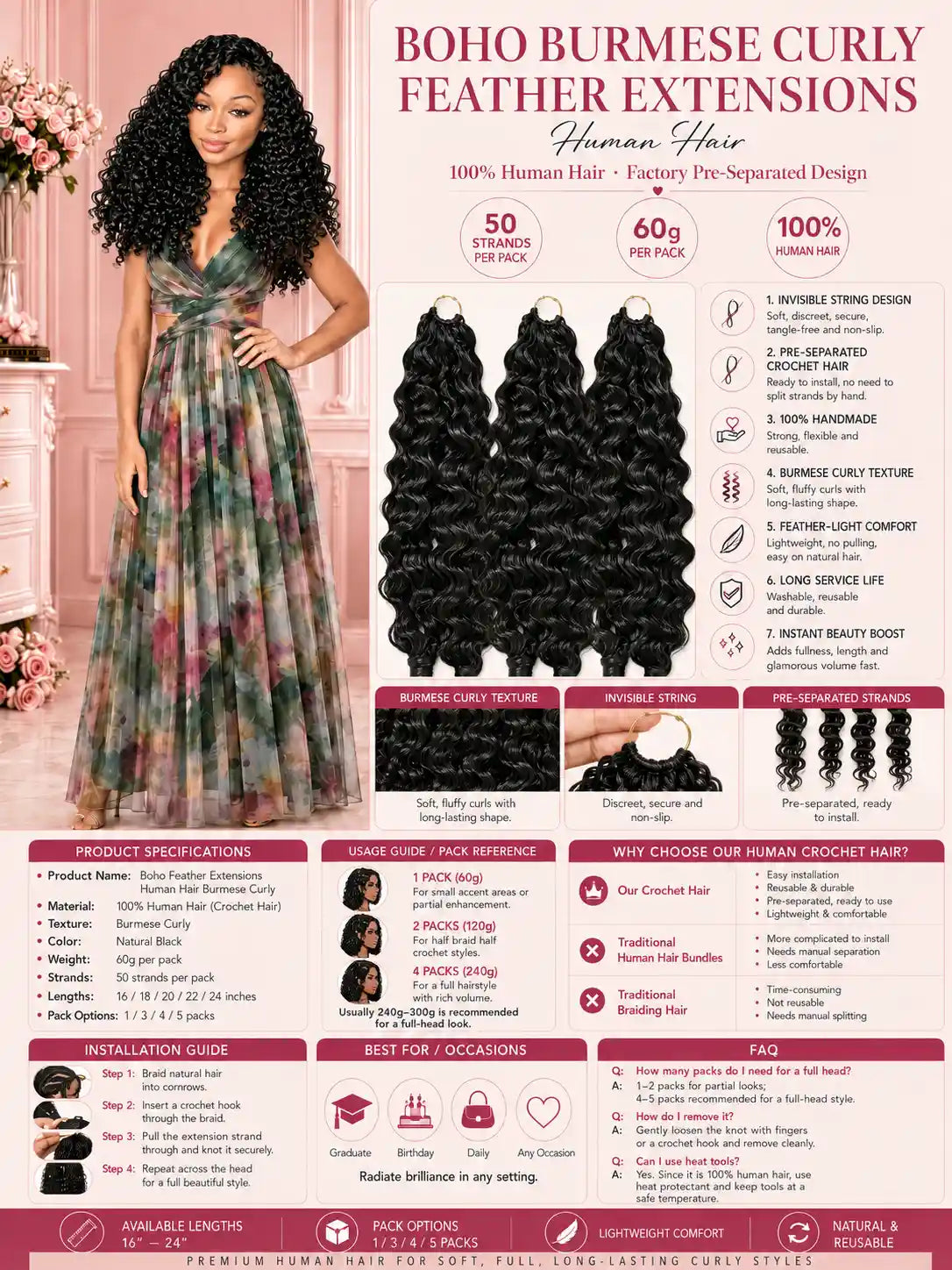 Boho Feather Extensions Human Hair Crochet Hair Burmese Curly Pre-Separated Strands