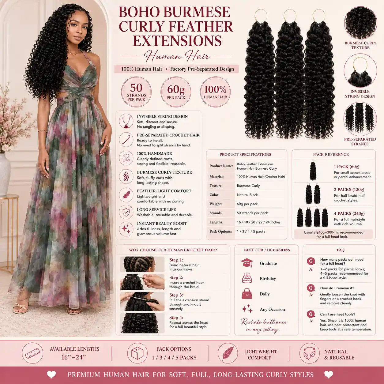 Boho Feather Extensions Human Hair Crochet Hair Burmese Curly Pre-Separated Strands
