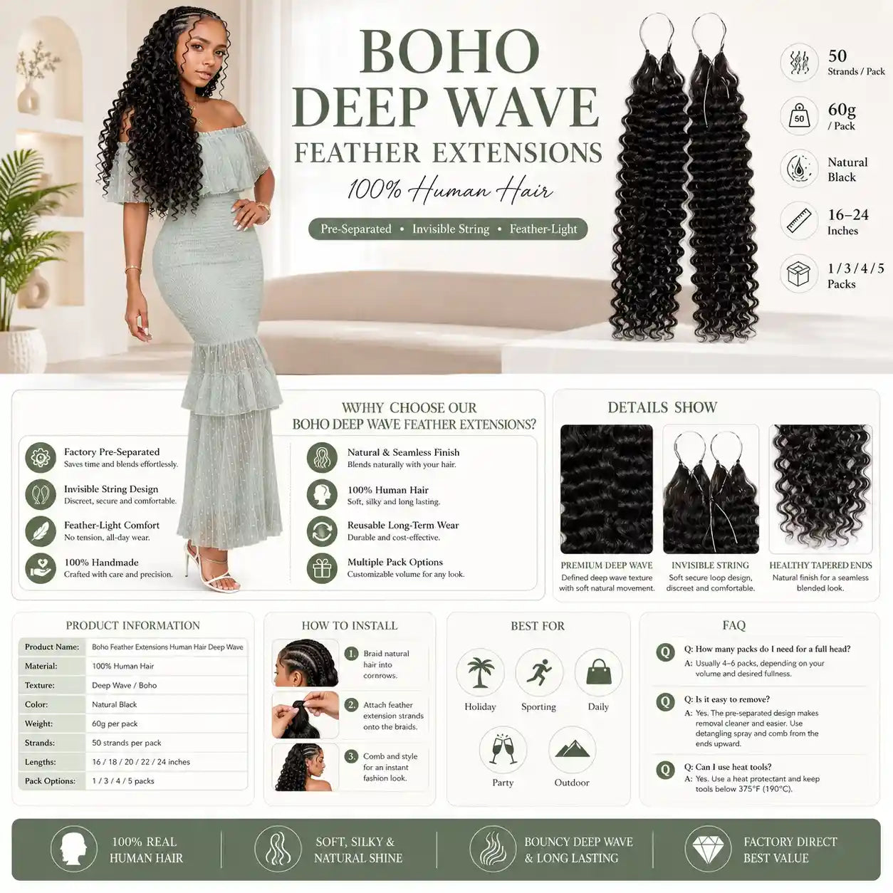 Boho Deep Wave Feather Extensions 100% Human Hair Pre-Separated Invisible String Strands
