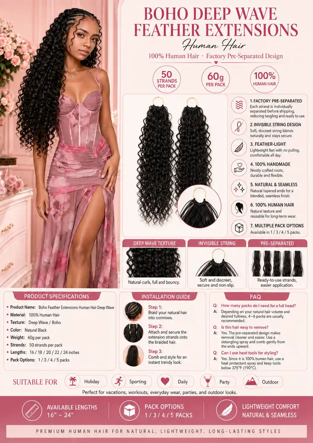 Boho Deep Wave Feather Extensions 100% Human Hair Pre-Separated Invisible String Strands