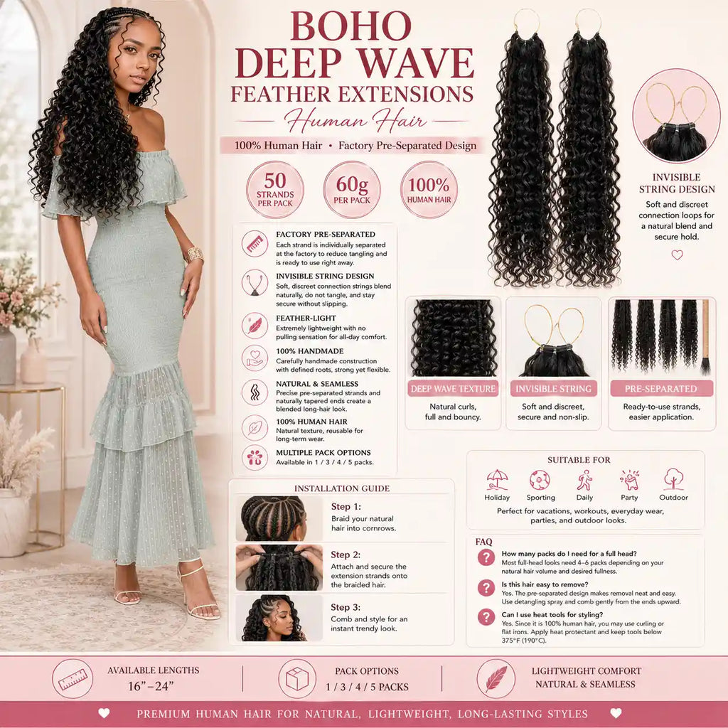 Boho Deep Wave Feather Extensions 100% Human Hair Pre-Separated Invisible String Strands