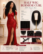 Burmese Curly Half Wig 100% Human Hair Black Beginner-Friendly 16-24 Inch