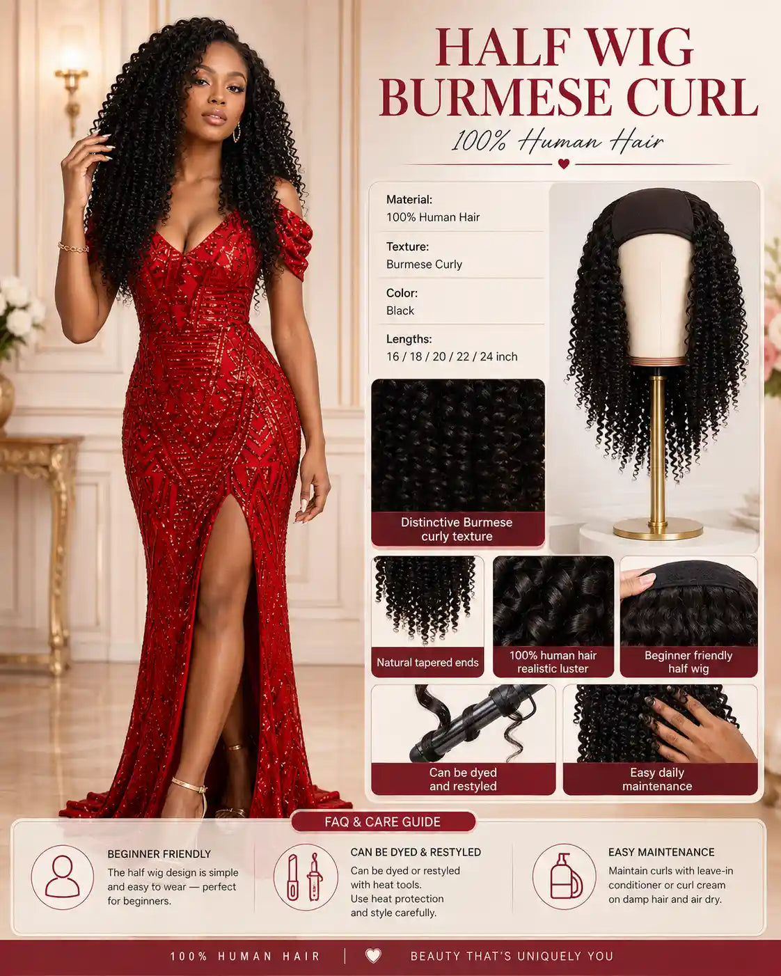 Burmese Curly Half Wig 100% Human Hair Black Beginner-Friendly 16-24 Inch