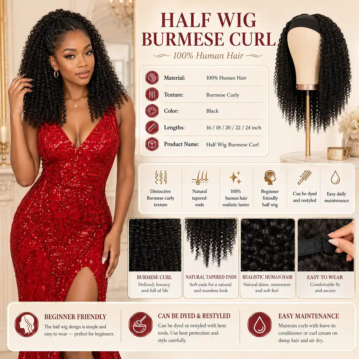 Burmese Curly Half Wig 100% Human Hair Black Beginner-Friendly 16-24 Inch