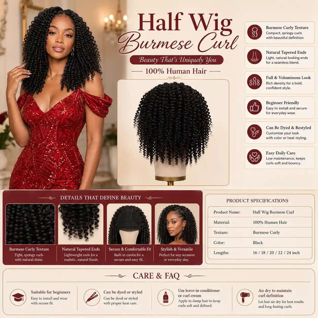 Burmese Curly Half Wig 100% Human Hair Black Beginner-Friendly 16-24 Inch