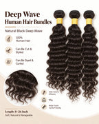 Infographic of natural black deep wave human hair bundles showing full ends and 8 to 26 inch length