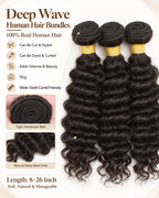 Close-up detail of tight handmade weft and natural deep wave ends on human hair bundles