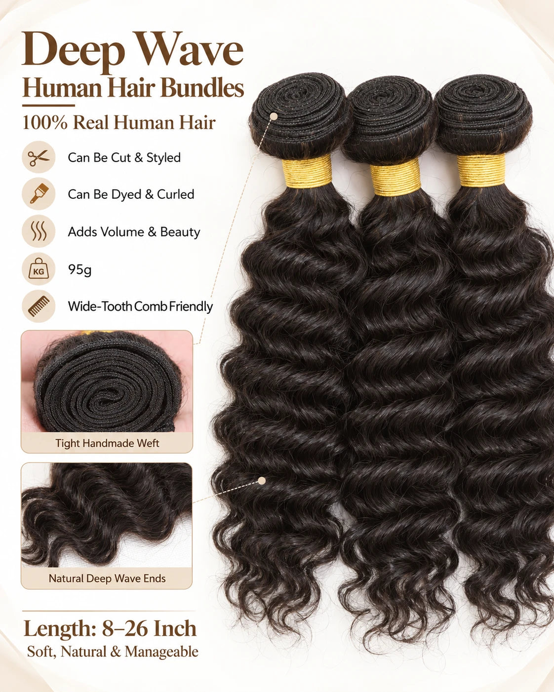 Close-up detail of tight handmade weft and natural deep wave ends on human hair bundles