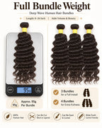 Digital scale showing 95g bundle weight for deep wave human hair with full install guide