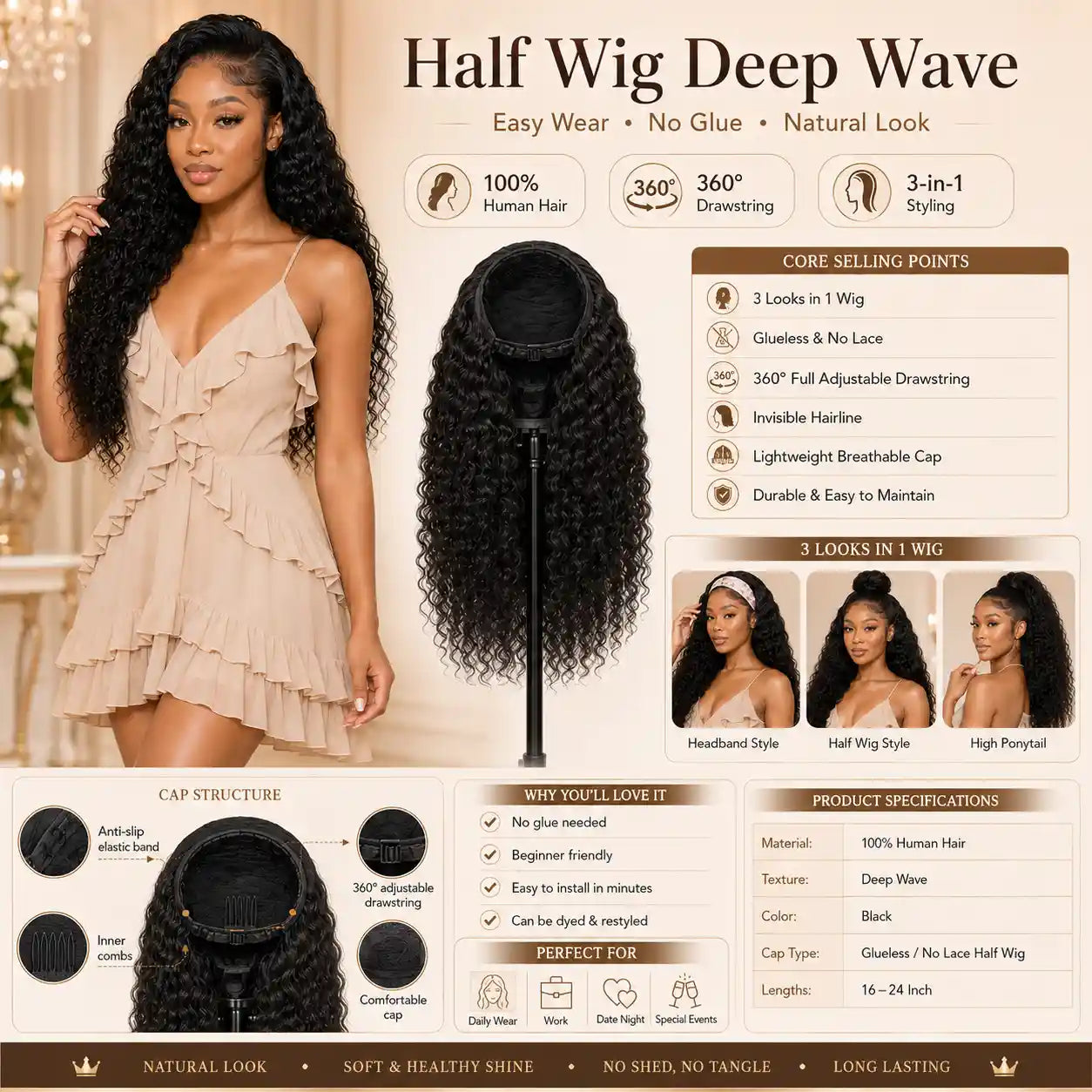 Deep Wave Half Wig 100% Human Hair Glueless No Lace 360° Adjustable Drawstring 16-24 Inch