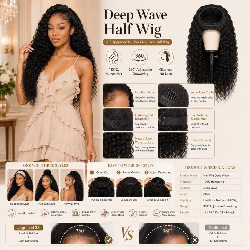 Deep Wave Half Wig 100% Human Hair Glueless No Lace 360° Adjustable Drawstring 16-24 Inch