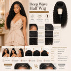 Deep Wave Half Wig 100% Human Hair Glueless No Lace 360° Adjustable Drawstring 16-24 Inch