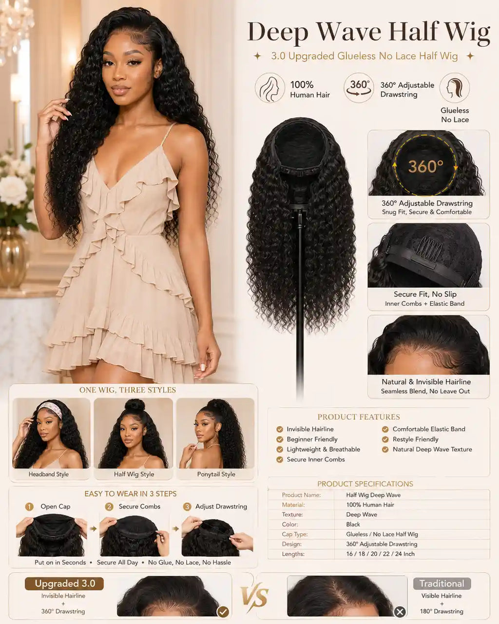 Deep Wave Half Wig 100% Human Hair Glueless No Lace 360° Adjustable Drawstring 16-24 Inch