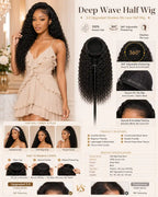 Deep Wave Half Wig 100% Human Hair Glueless No Lace 360° Adjustable Drawstring 16-24 Inch