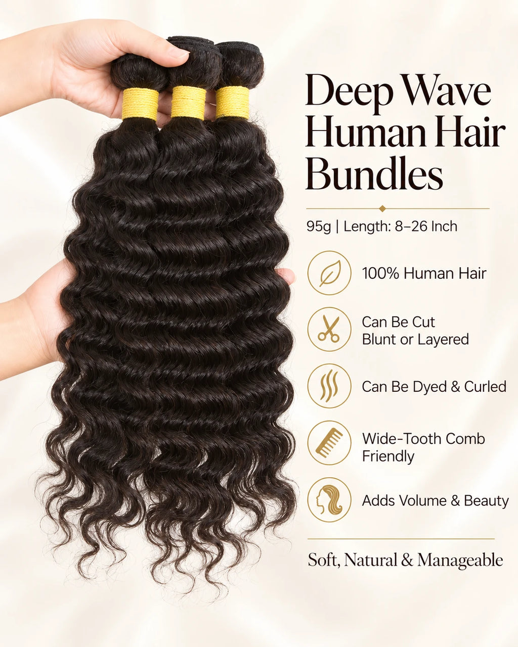 Hands holding three bundles of natural black deep wave human hair showing curl definition