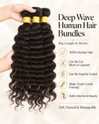 Hands holding three bundles of natural black deep wave human hair showing curl definition
