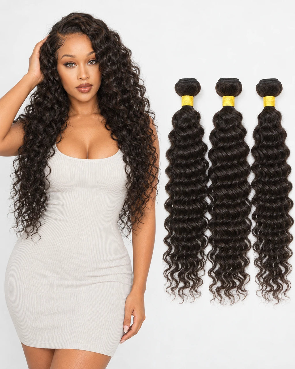 Model posing beside three bundles of deep wave human hair extensions on white background