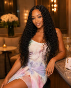 Model wearing deep wave virgin human hair bundles result