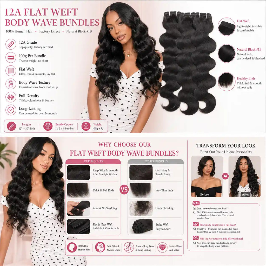 12A Natural Black Body Wave Human Hair Bundles Flat Weft 100g