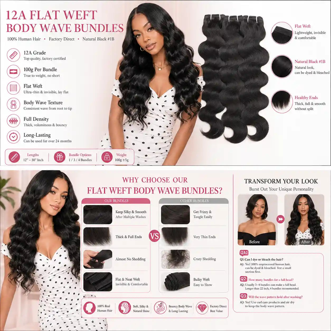 12A Natural Black Body Wave Human Hair Bundles Flat Weft 100g
