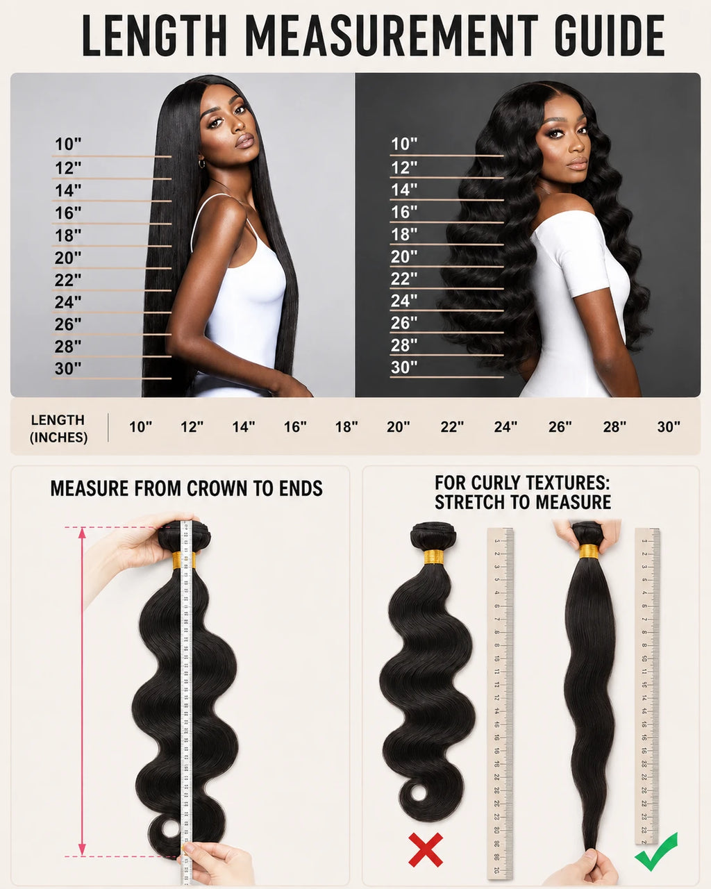 Hair length measurement guide comparing straight and body wave hair from 10 to 30 inches
