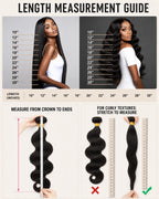 Hair length measurement guide comparing straight and body wave hair from 10 to 30 inches