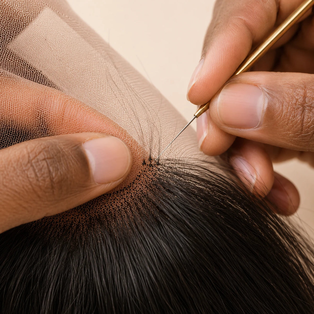 Close-up of handmade human hair lace wig production, showing an artisan knotting real hair onto lace by hand.