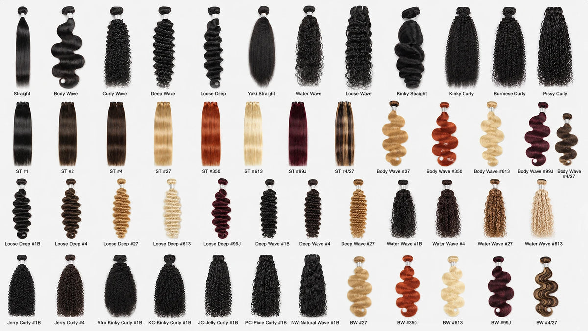 Realistic human hair bundles texture and color chart featuring straight, body wave, deep wave, loose deep, curly, and Burmese curly styles in natural black, blonde, auburn, burgundy, and highlighted shades.