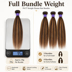 Digital scale showing 95g weight for P4/27 straight hair bundle with full install recommendation guide