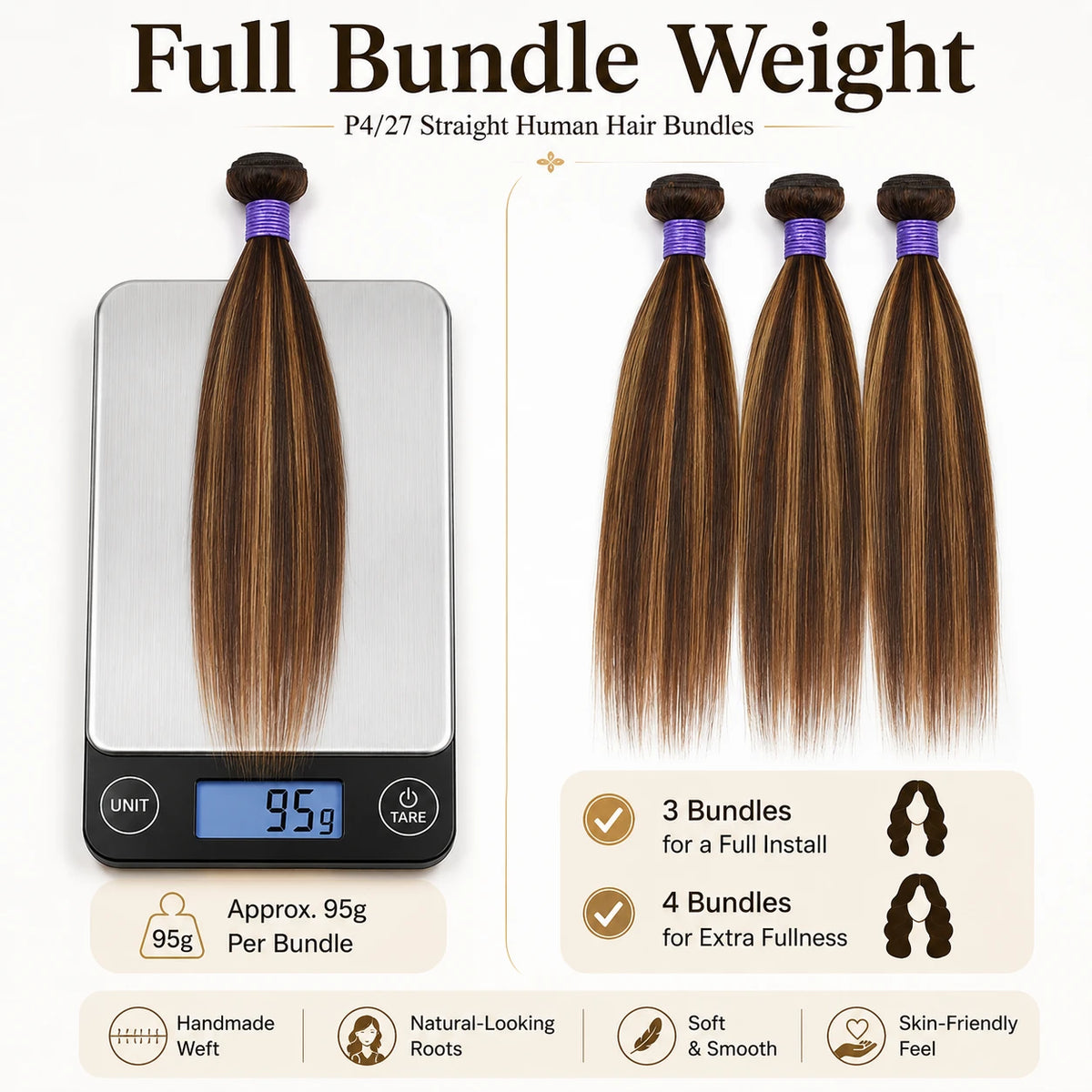 Digital scale showing 95g weight for P4/27 straight hair bundle with full install recommendation guide