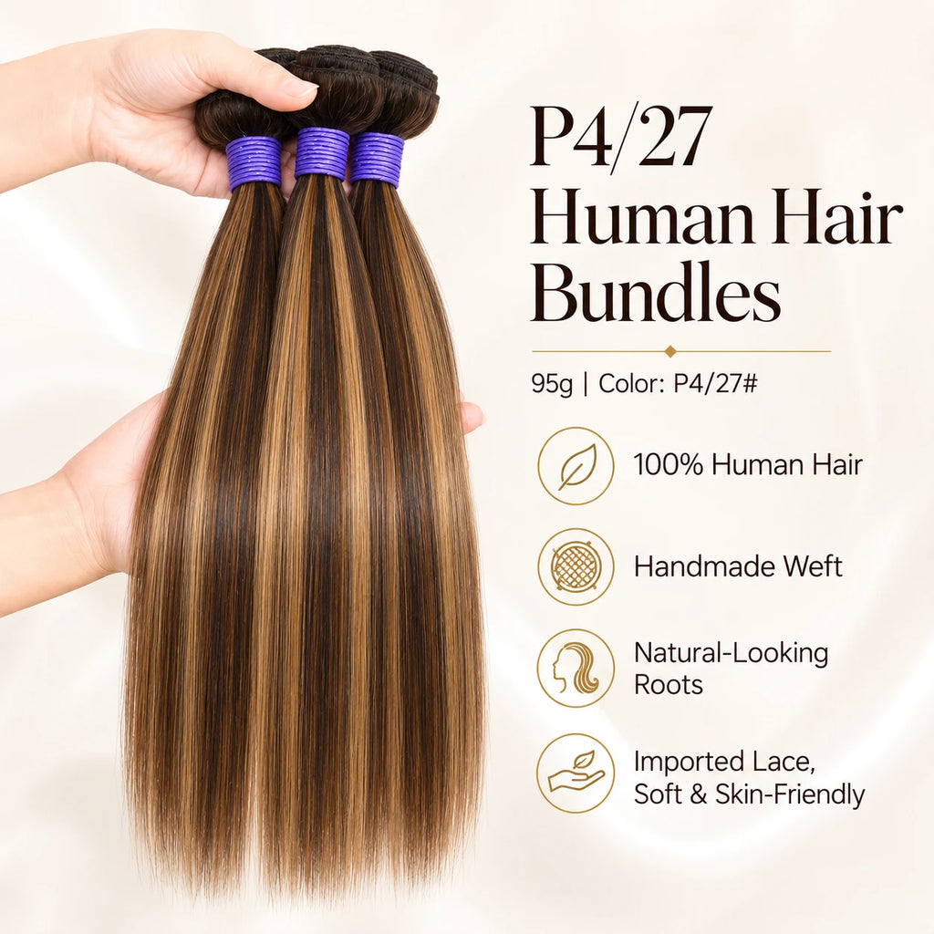 Hands holding three bundles of silky straight P4/27 piano highlight human hair showing luster and softness