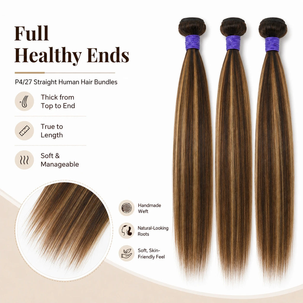 Infographic displaying thick healthy ends and smooth texture of P4/27 highlight straight human hair bundles