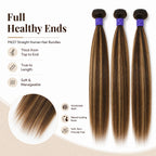 Infographic displaying thick healthy ends and smooth texture of P4/27 highlight straight human hair bundles