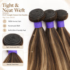 Macro close-up view of tight neat double machine weft and clean roots on P4/27 straight hair bundles