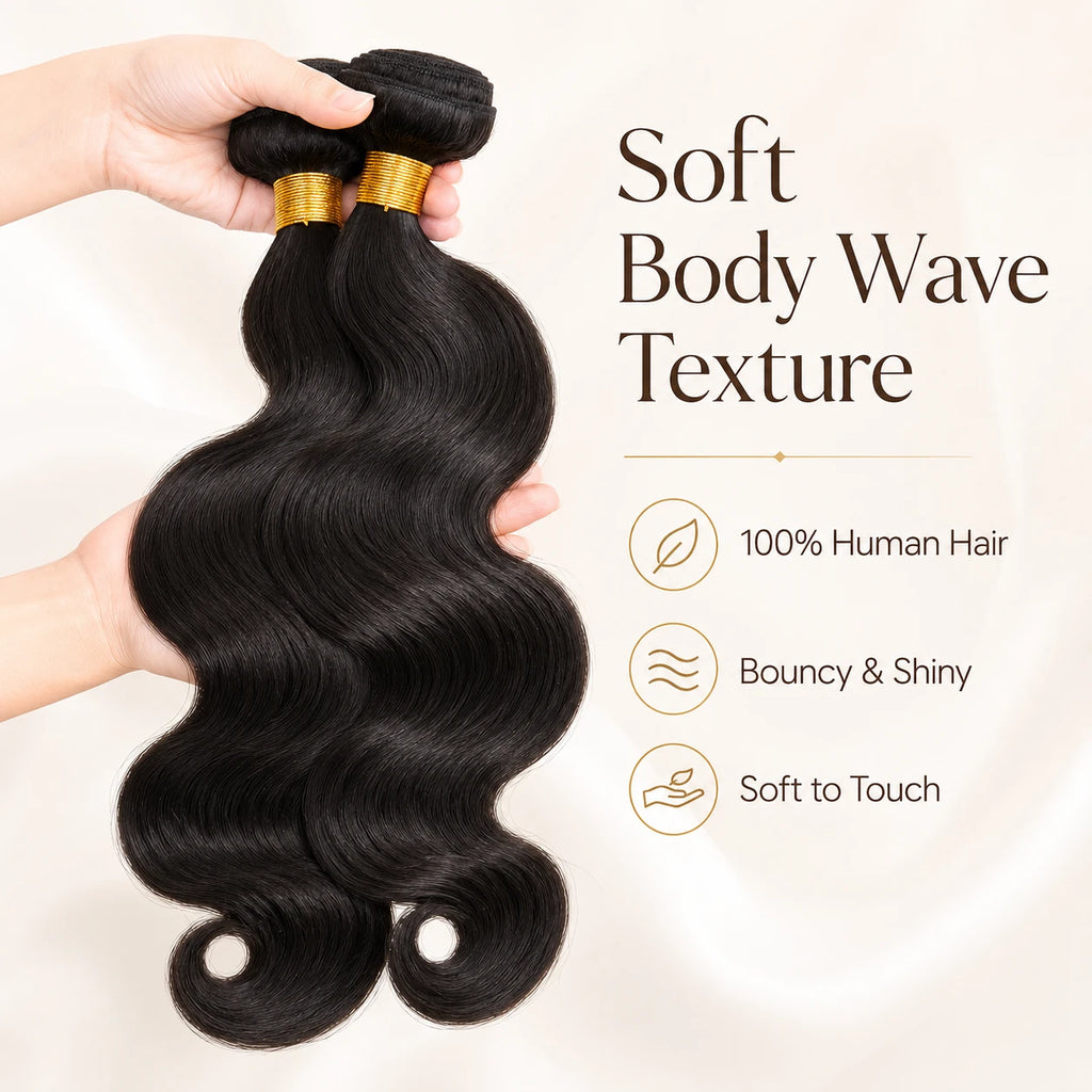 Hands holding soft and bouncy body wave human hair bundles showing natural shine