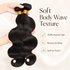 Hands holding soft and bouncy body wave human hair bundles showing natural shine