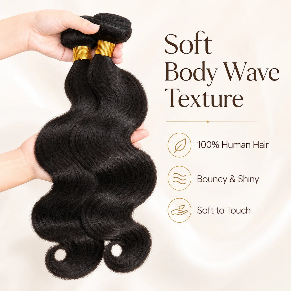 Hands holding soft and bouncy body wave human hair bundles showing natural shine