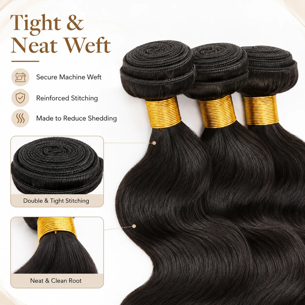 Close-up of tight and neat reinforced double machine weft on human hair bundles