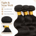 Close-up of tight and neat reinforced double machine weft on human hair bundles